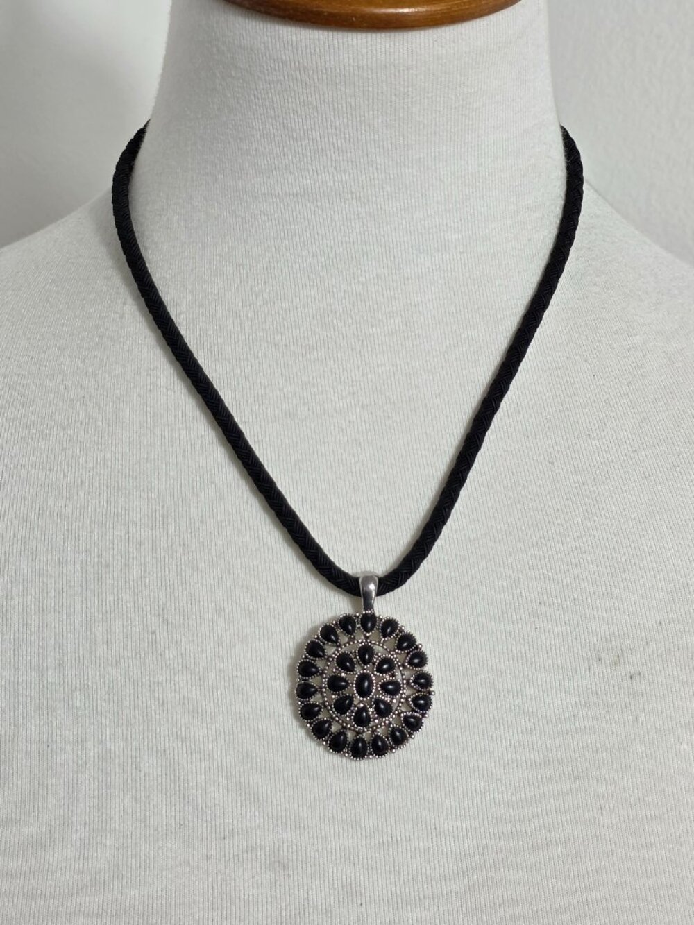 Chaps Silver-Tone Pendant Necklace Black Stones Black Cord